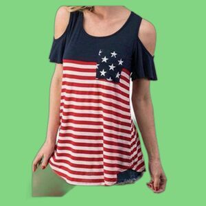 Women American Flag Cold Shoulder Shirt Patriotic Top - Size 2XL